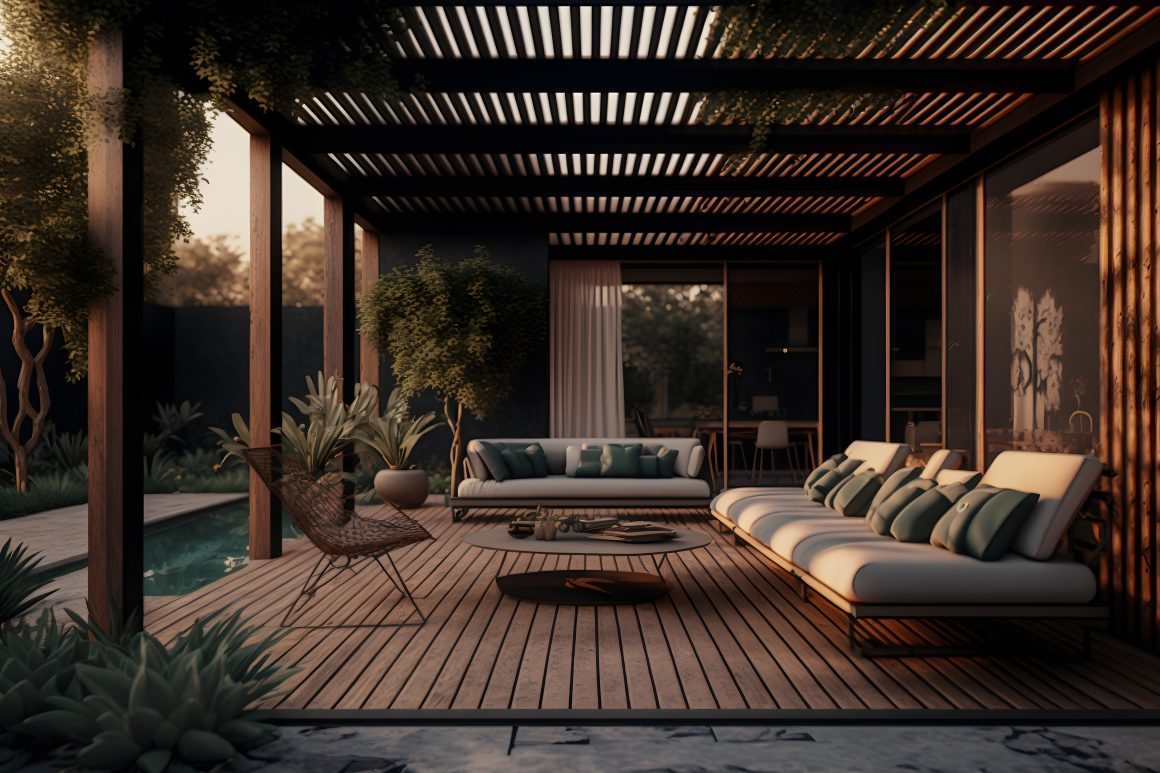 une grande pergola avec des canapés de jardin table basse et sol en bois en idée d'aménagement extérieur