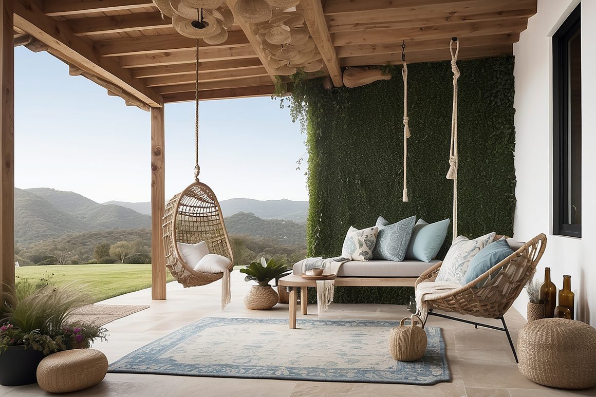 mur végétal derrière un canapé droit et un fauteuil suspendu pour un aménagement pergola extérieure 