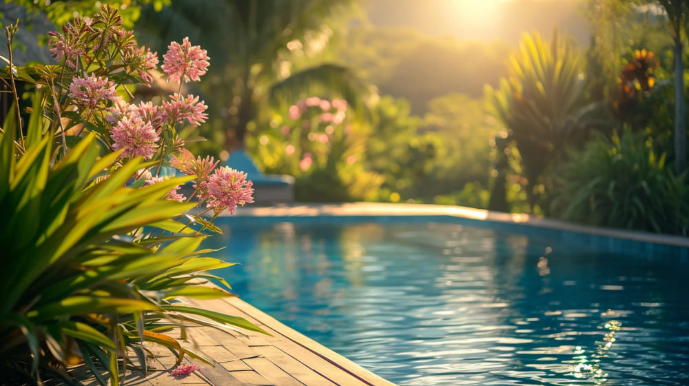 Une déco terrasse piscine composée de plantes de diverses variétés, en pleine terre
