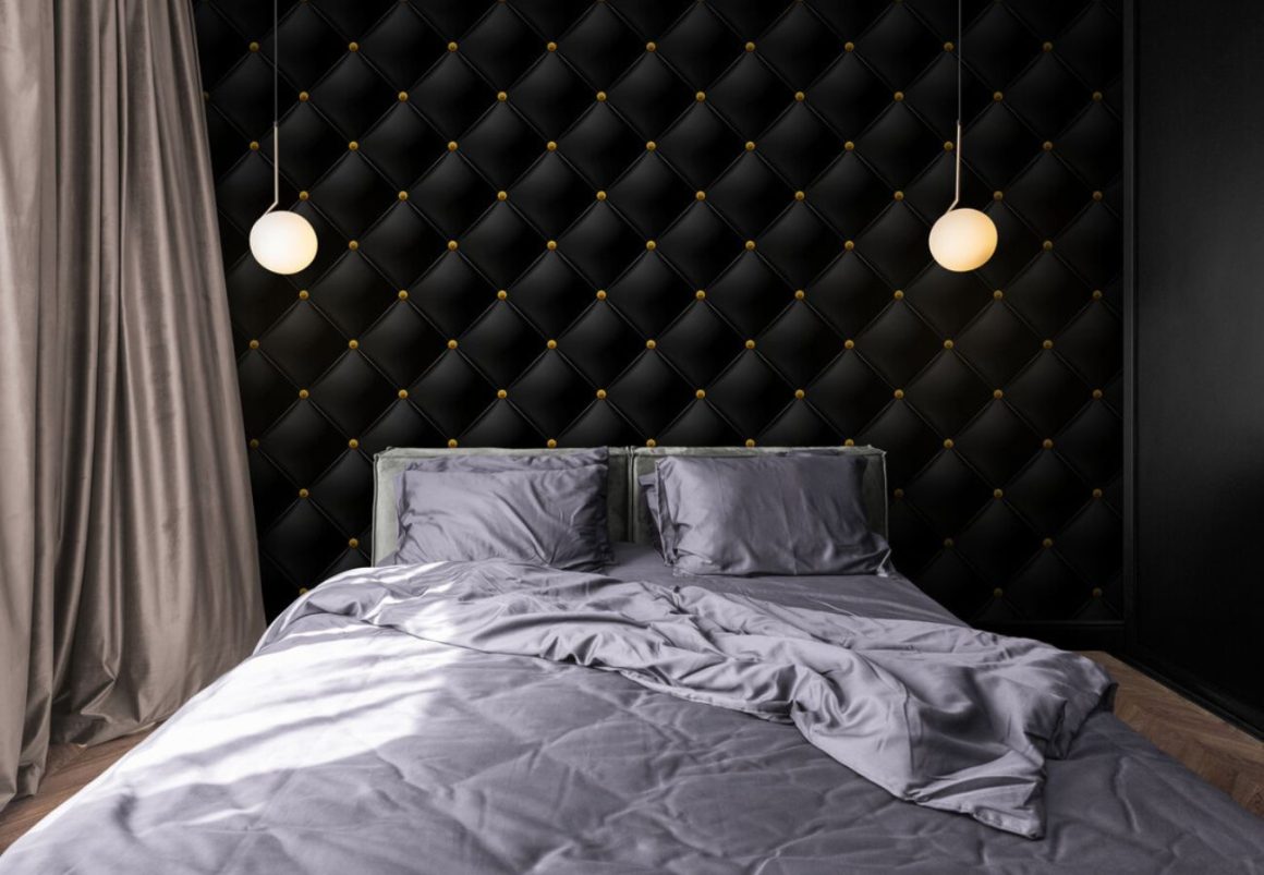tête de lit en papier peint imitation mur capitonné en cuir