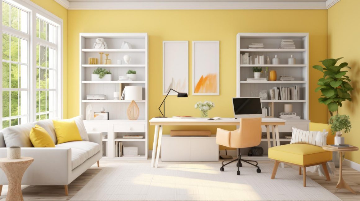 un bureau ambiance printanière lumineuse et éclatante de couleur jaune pastel