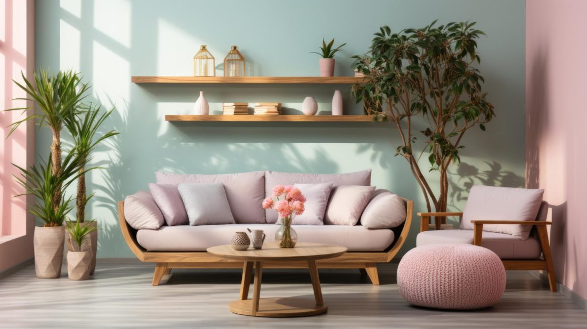 une idée déco pour un salon ambiance printanière avec un mur vert, un canapé rose pastel et de la verdure