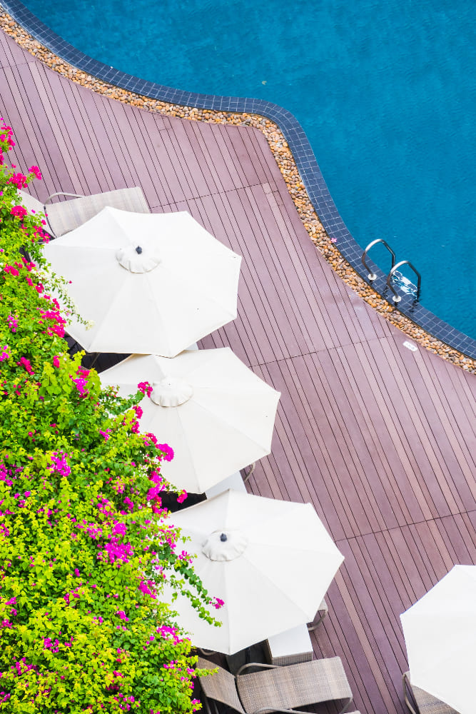 Vue de haut de la piscine, avec une terrasse ornée de grands parasols blancs et d'arbres et de fleurs d'un rose vif