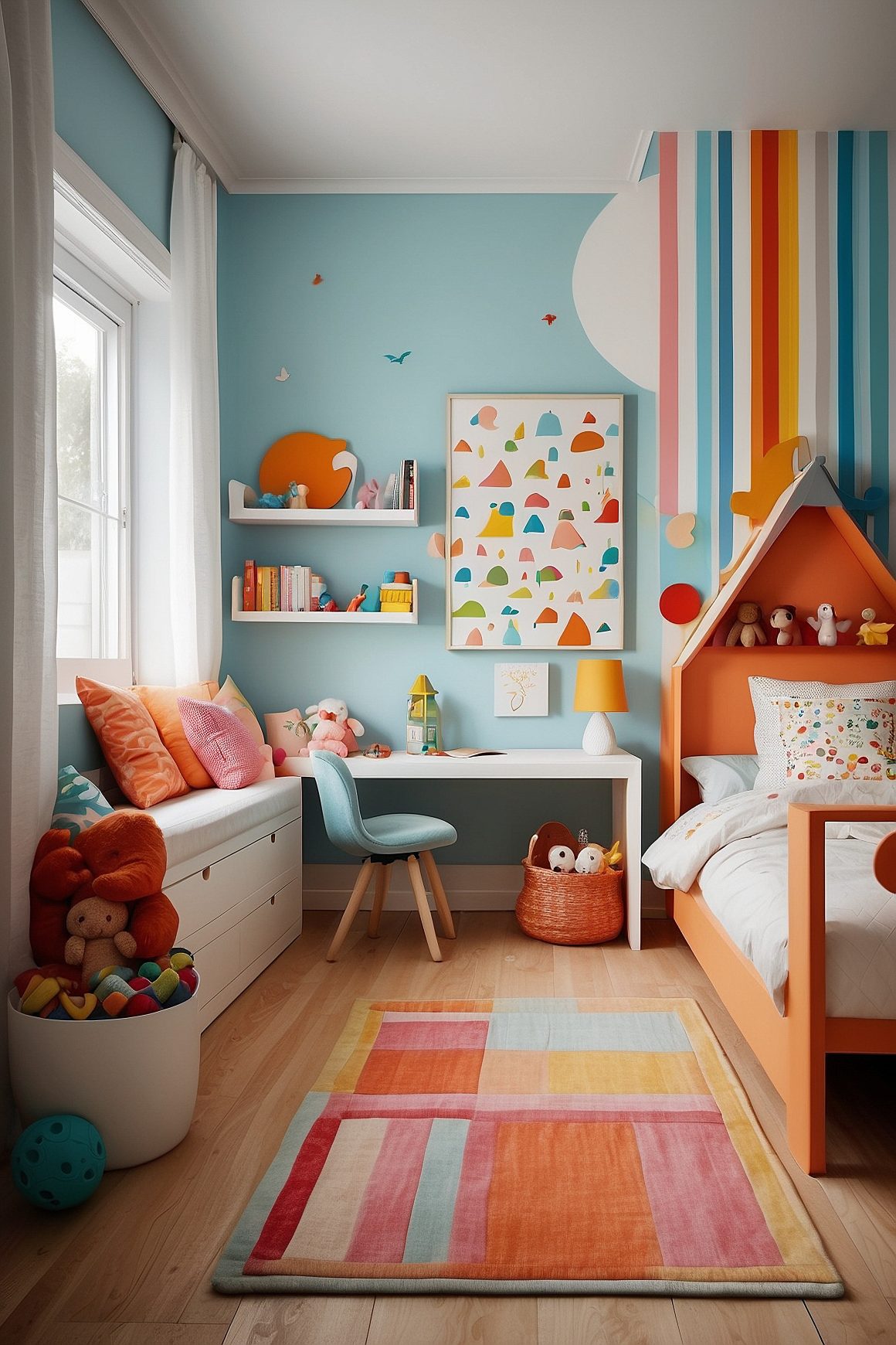papier peint chambre enfant avec des touches de couleurs vives et douces, telles que le rouge, le bleu et le orange