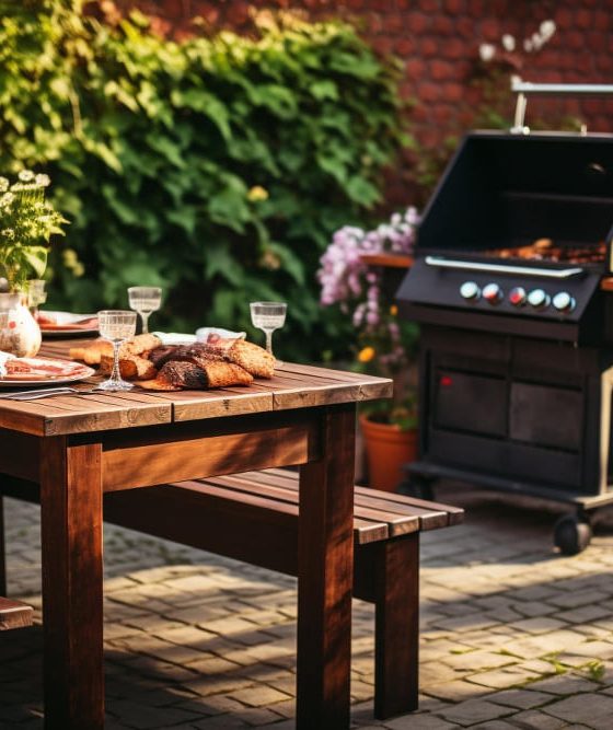Aménager coin barbecue sur terrasse à côté grande table en bois