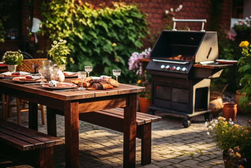 Aménager coin barbecue sur terrasse à côté grande table en bois