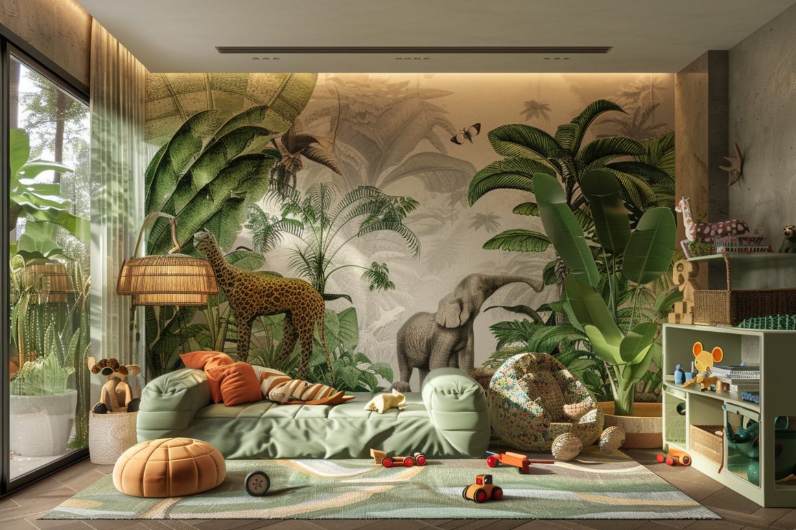 un beau papier peint chambre enfant sur le thème de la jungle