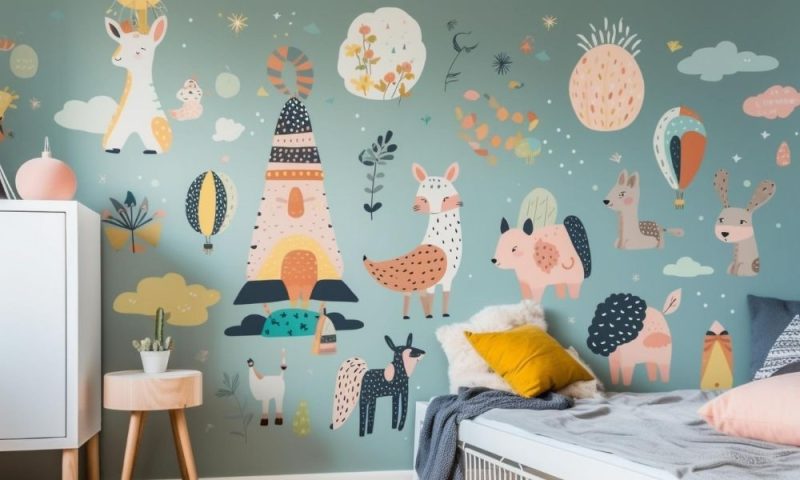 papier peint chambre enfant à motifs animaux de couleurs pastel
