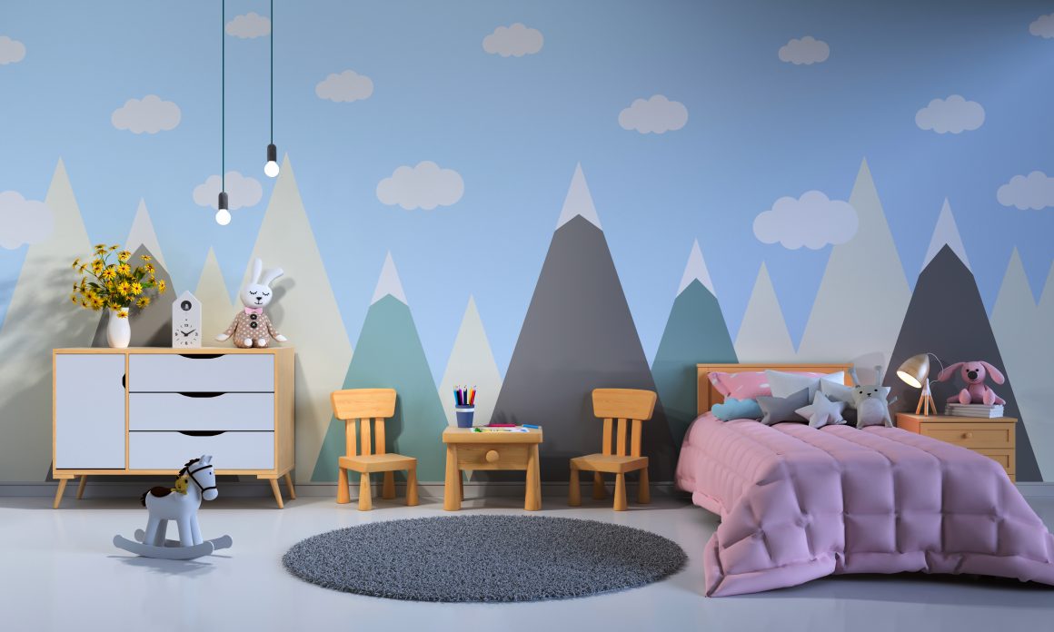papier peint pour une chambre d'enfant, intissé ou vinyle avec des montagnes et des nuages sur fond bleu