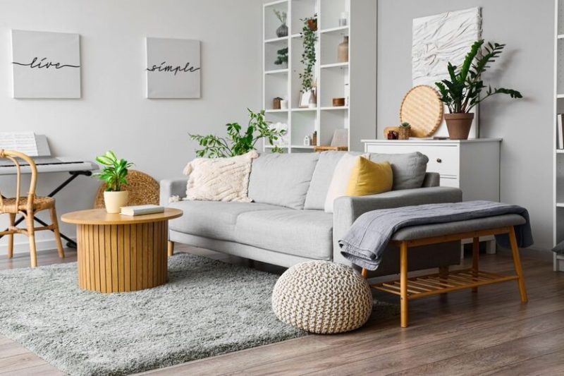 table basse ronde en bois clair dans un salon, avec un canapé en gris, un tapis, des étagères au mur et une déco murale