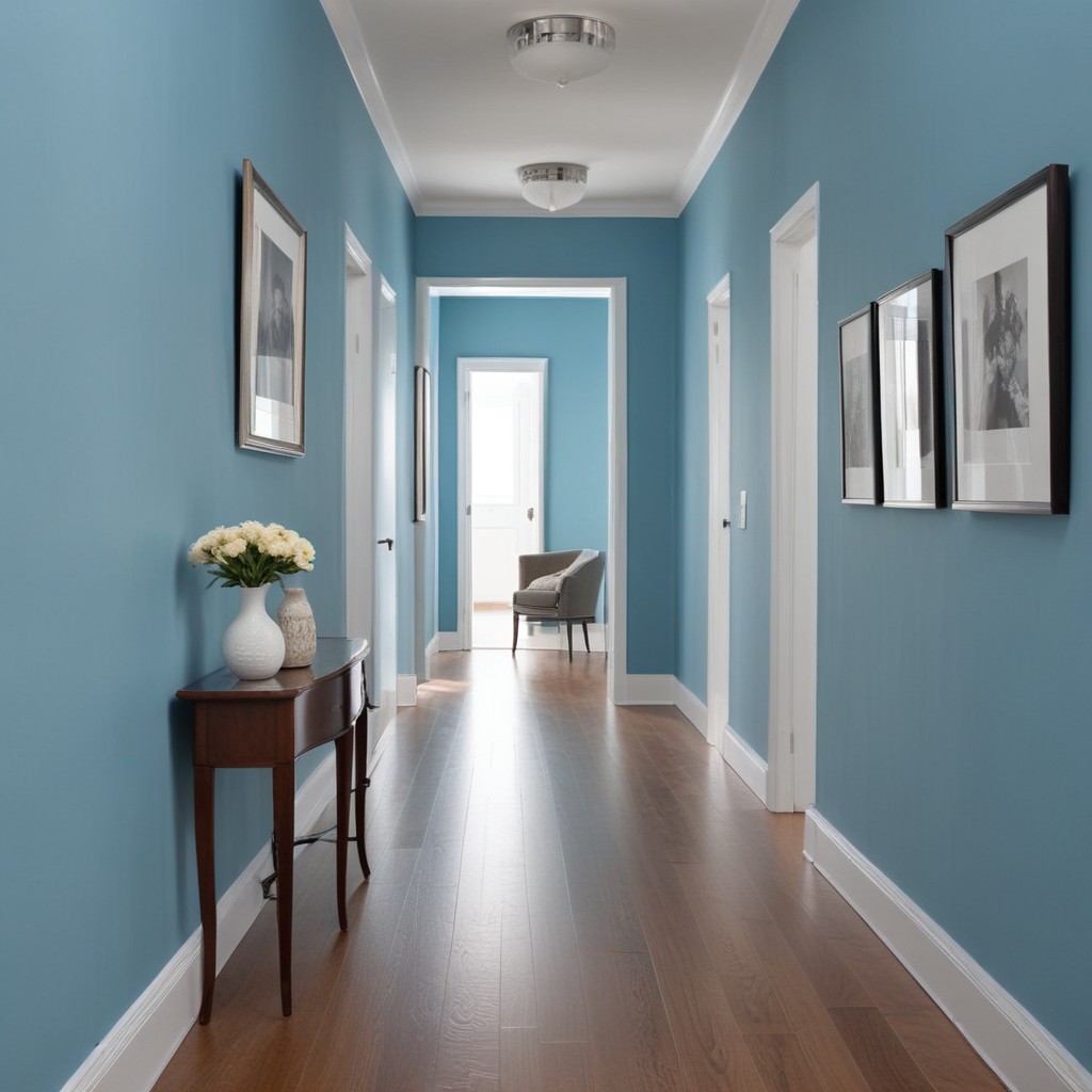 Idées déco couloir: couloir long et étroit aux murs bleus et au sol en bois.