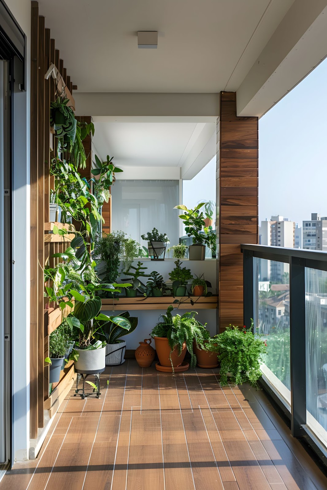 Balcon avec des petites plantes vertes.
