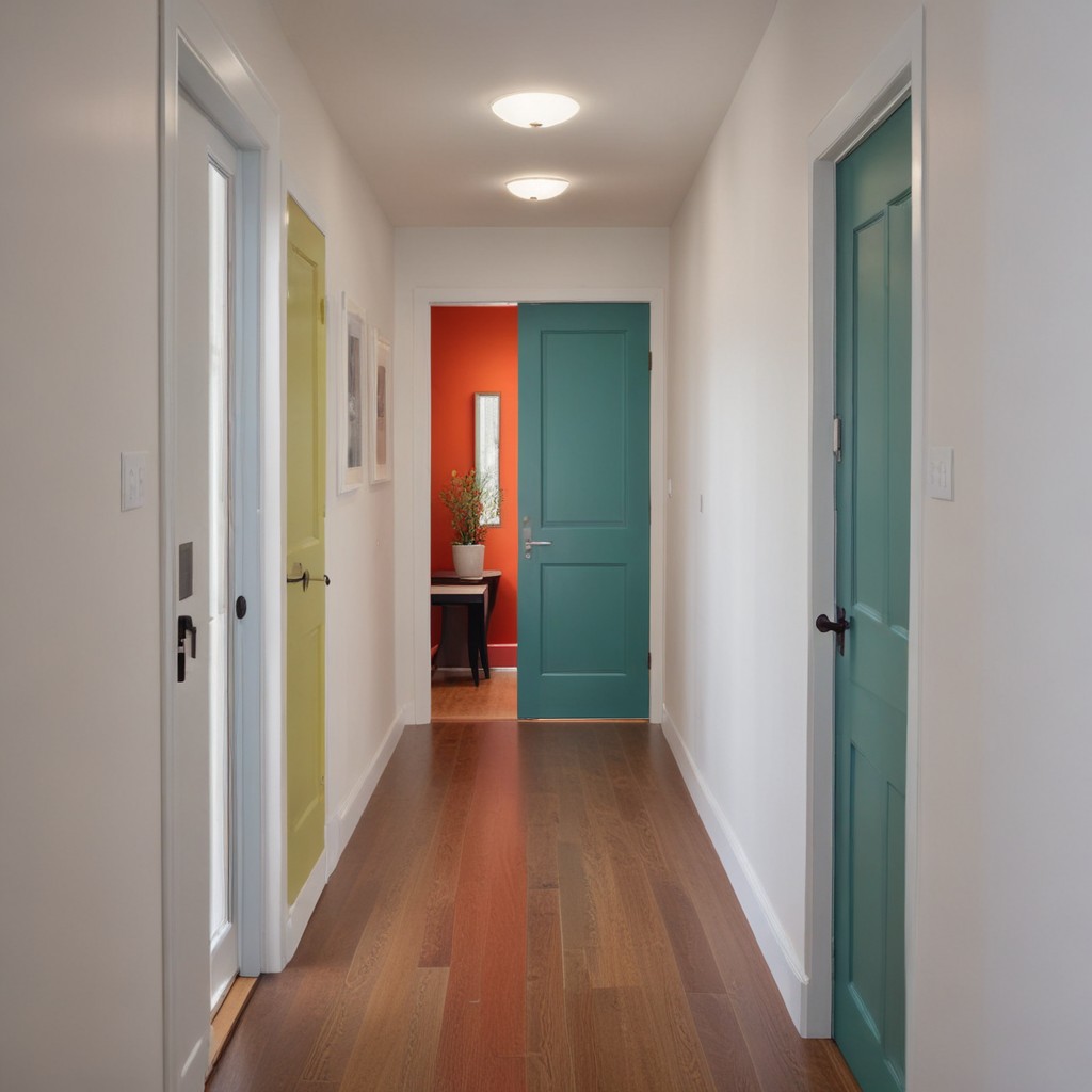 Un couloir avec des portes aux nuances variées.