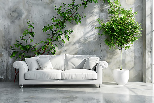 Un salon minimaliste avec un canapé blanc et un lampadaire doré sur le côté. Un grand plant est situé dans le coin de la pièce à côté du canapé.