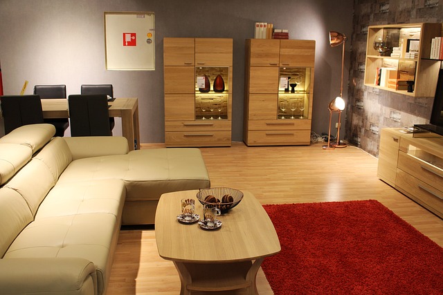 Un salon chaleureux avec un tapis rouge, un canapé de couleur claire et une table basse en bois.