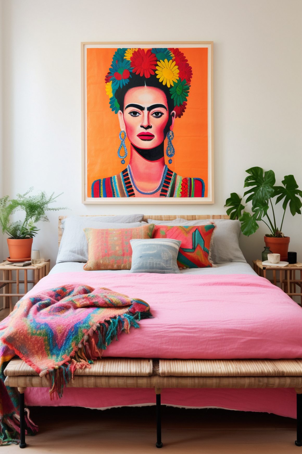 chambre avec une décoration tropicale, portrait coloré au-dessus du lit, plantes en pots