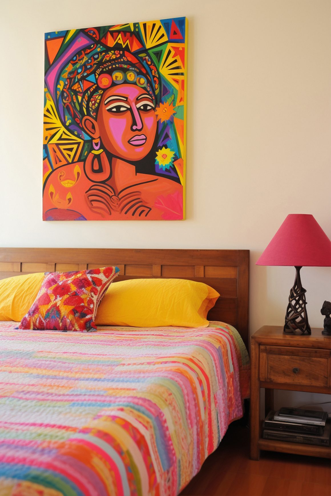 décoration tropicale avec un tableau coloré au-dessus du lit et une lampe en forme de limace