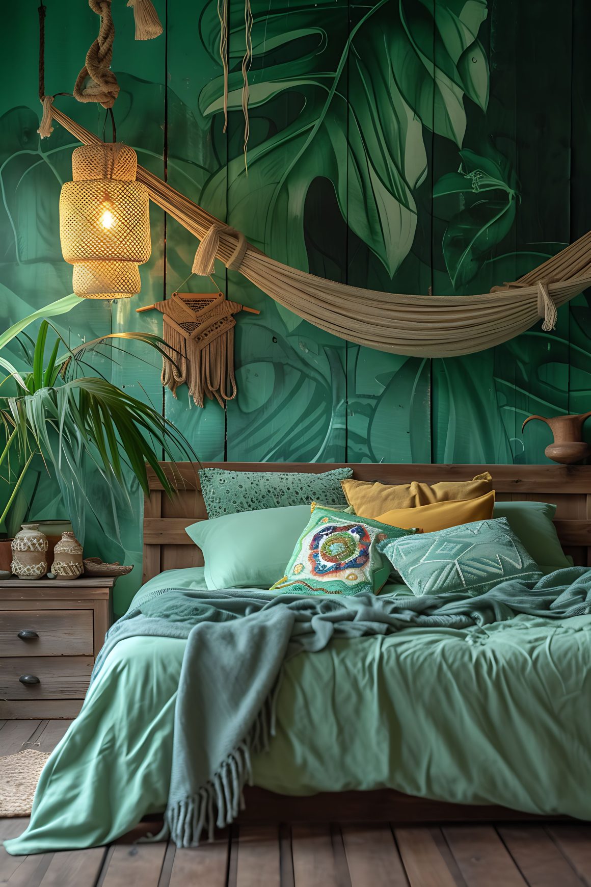 chambre avec une décoration tropicale, mettant en avant un hamac, des plantes luxuriantes et un lit orné de coussins colorés.