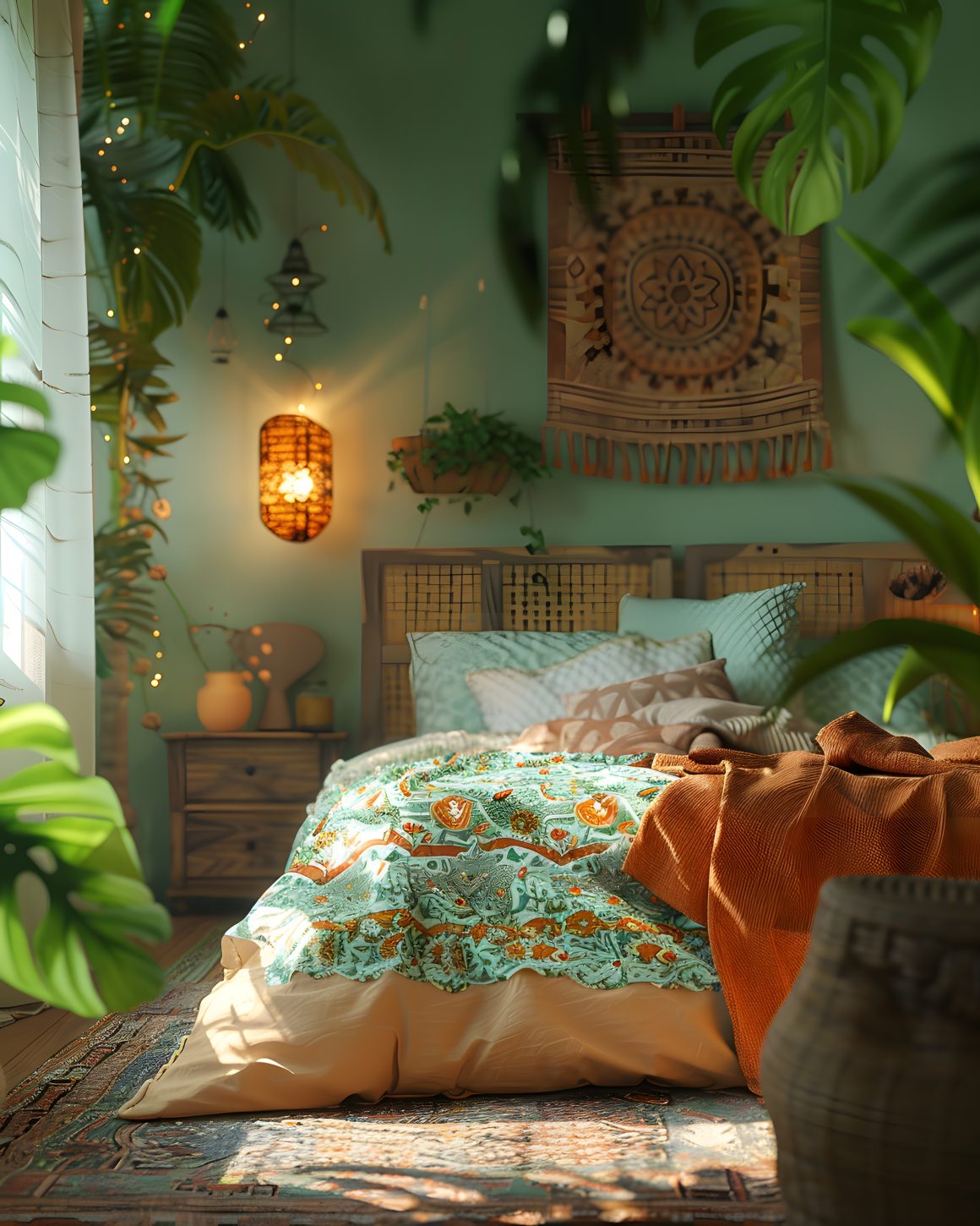 une chambre avec une décoration tropicale, comprenant un lit avec une literie à motifs, entouré de plantes luxuriantes, de meubles en osier et d’un éclairage chaleureux