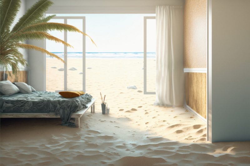 Une chambre sur la plage, avec un lit double, un palmier et du sable sur le sol