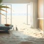 Une chambre sur la plage, avec un lit double, un palmier et du sable sur le sol