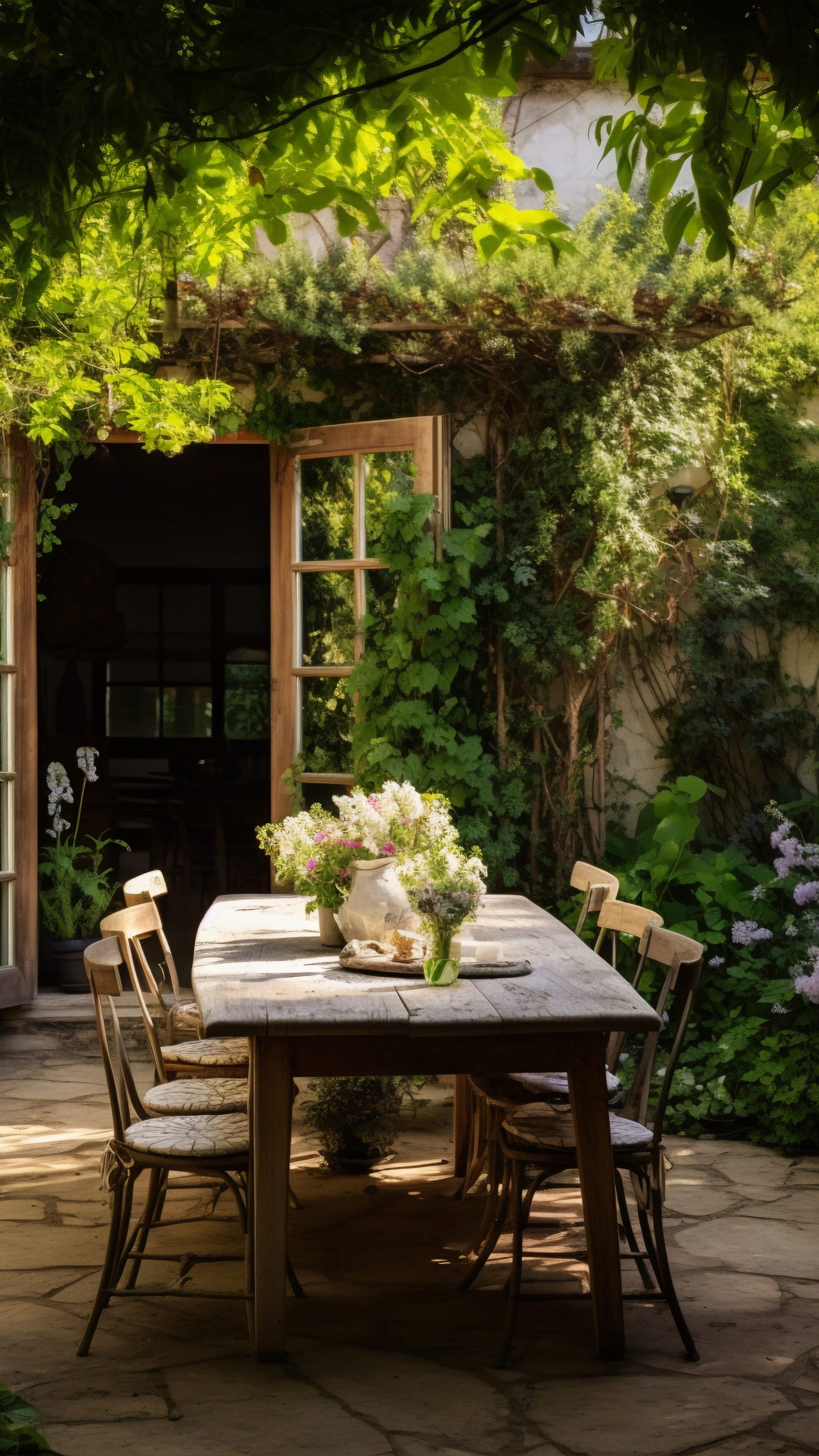 un coin repas extérieur rustique avec une table en bois et des chaises assorties, entouré de végétation luxuriante