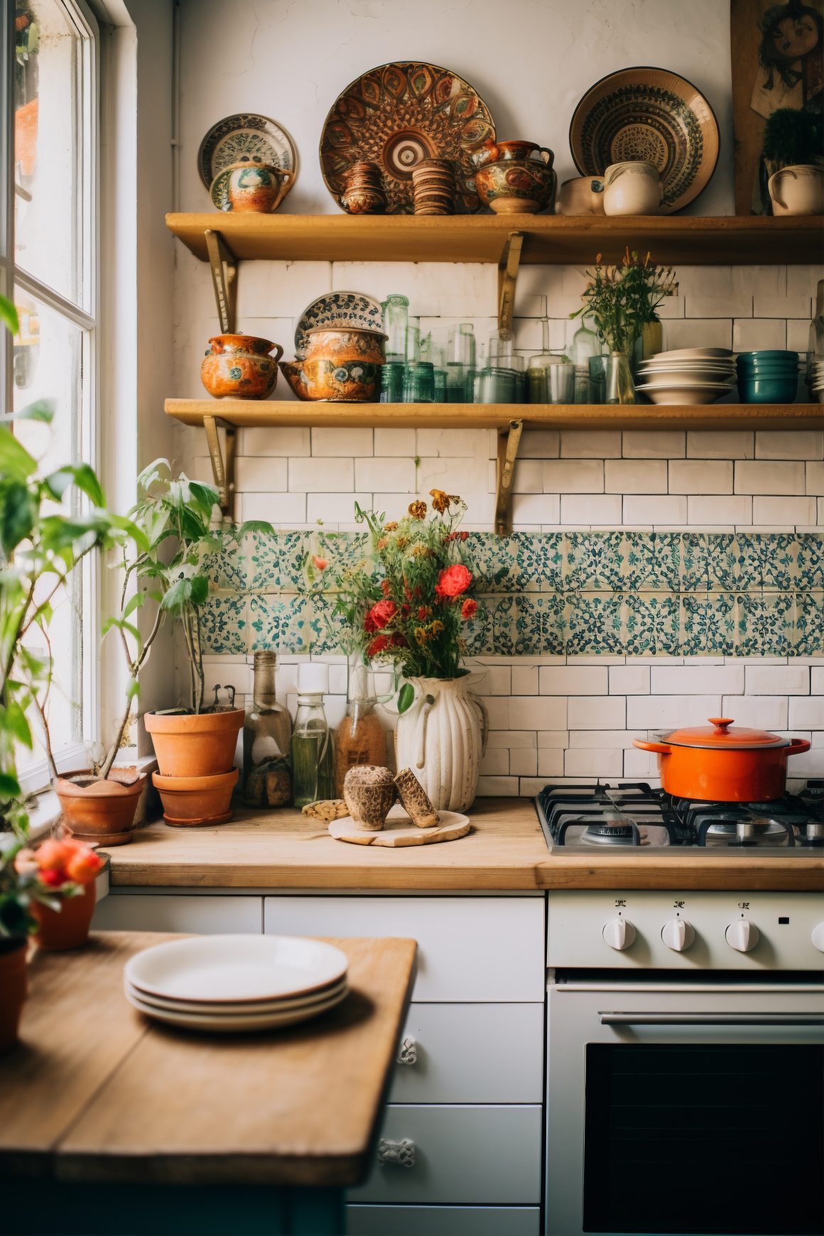 comptoir de cuisine avec une surface en bois, décoré de divers pots, casseroles et ustensiles