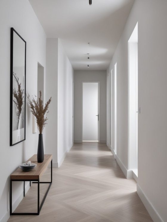 Couloir long et étroit avec un banc et un miroir.