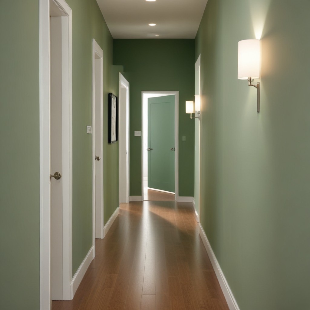 Couloir avec des murs verts et un sol en bois franc.