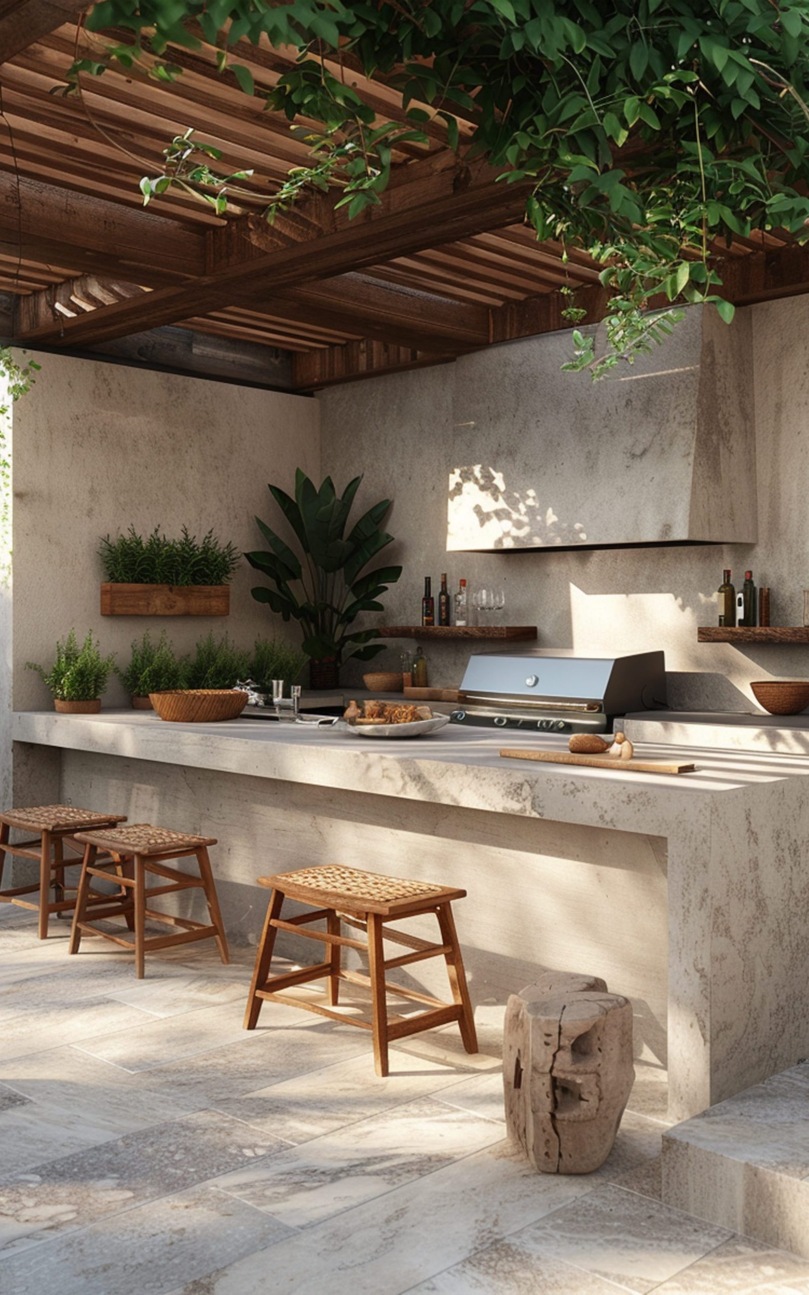 une cuisine extérieure moderne avec des plans de travail en béton, équipée d’un évier et d’un grill. Des tabourets en bois
