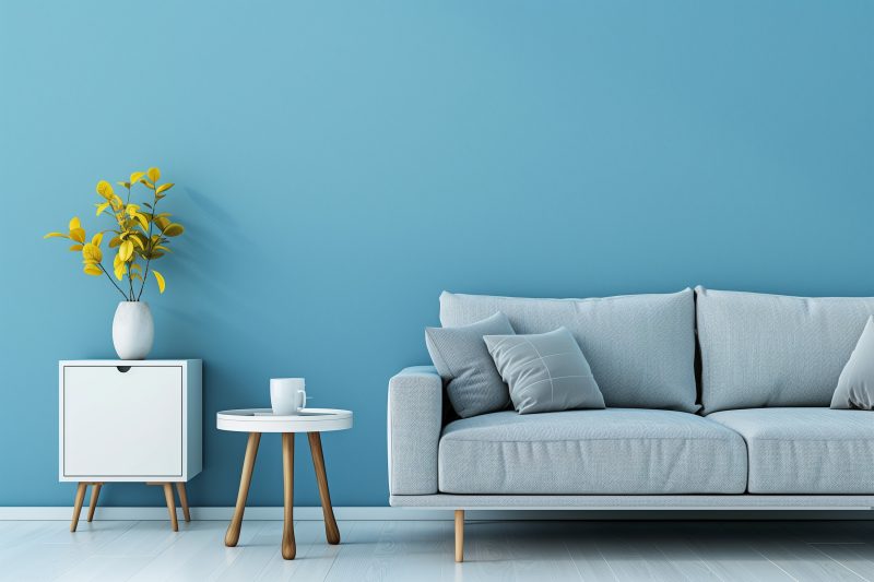 une décoration tropicale minimaliste avec un canapé gris clair, un mur bleu et une table basse ronde en bois