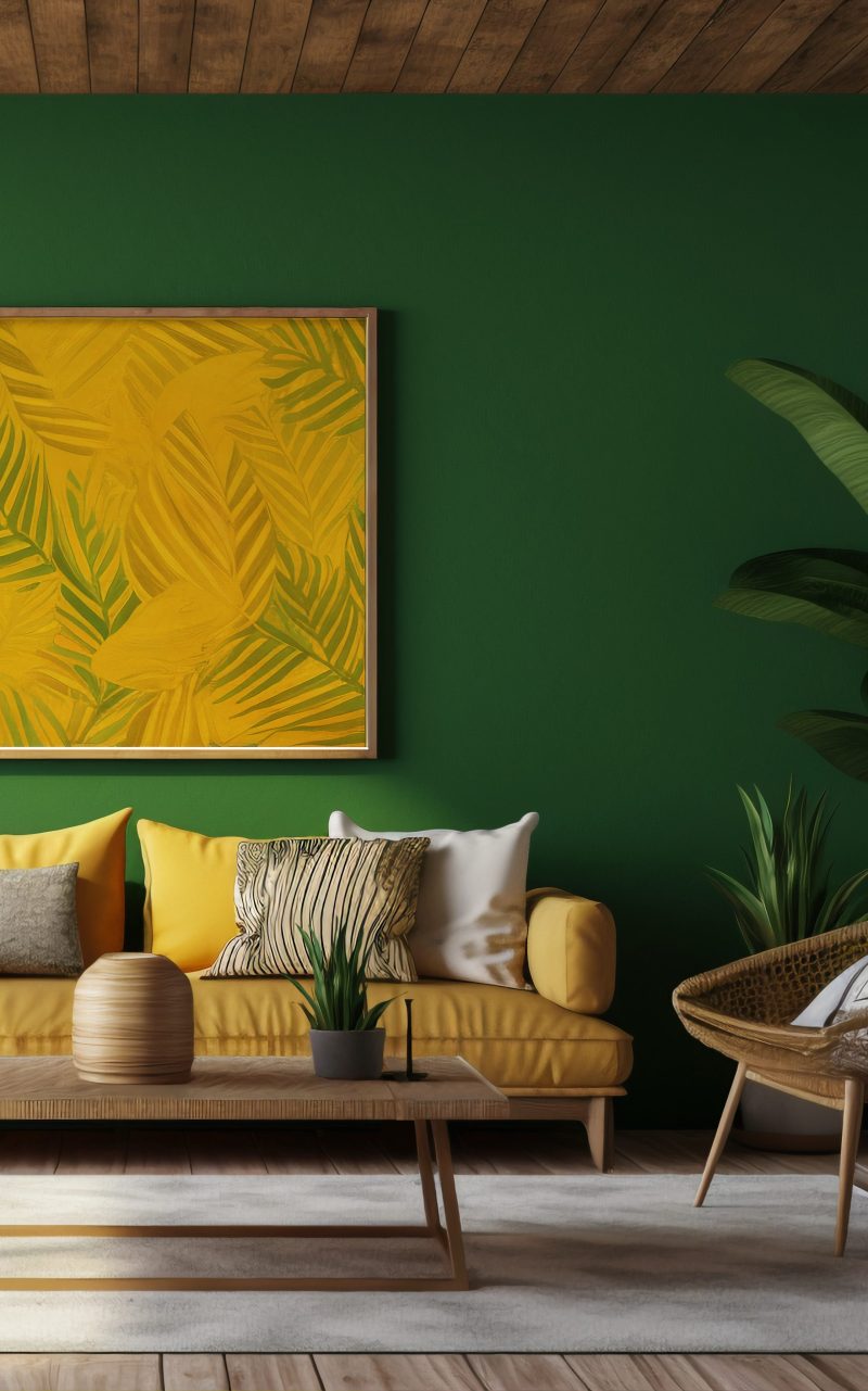 une décoration tropicale vibrante avec un canapé jaune, un mur vert et un tableau jaune à motifs de feuilles