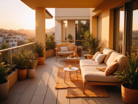 Terrasse moderne avec des plantes vertes.