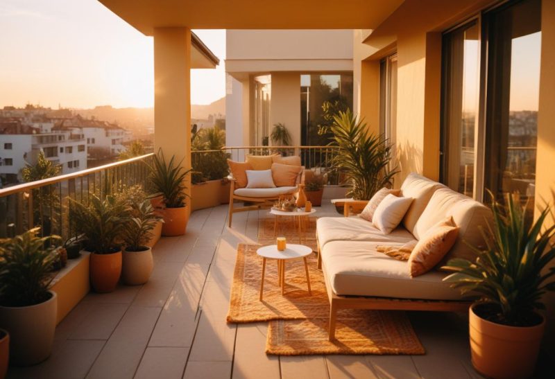 Terrasse moderne avec des plantes vertes.