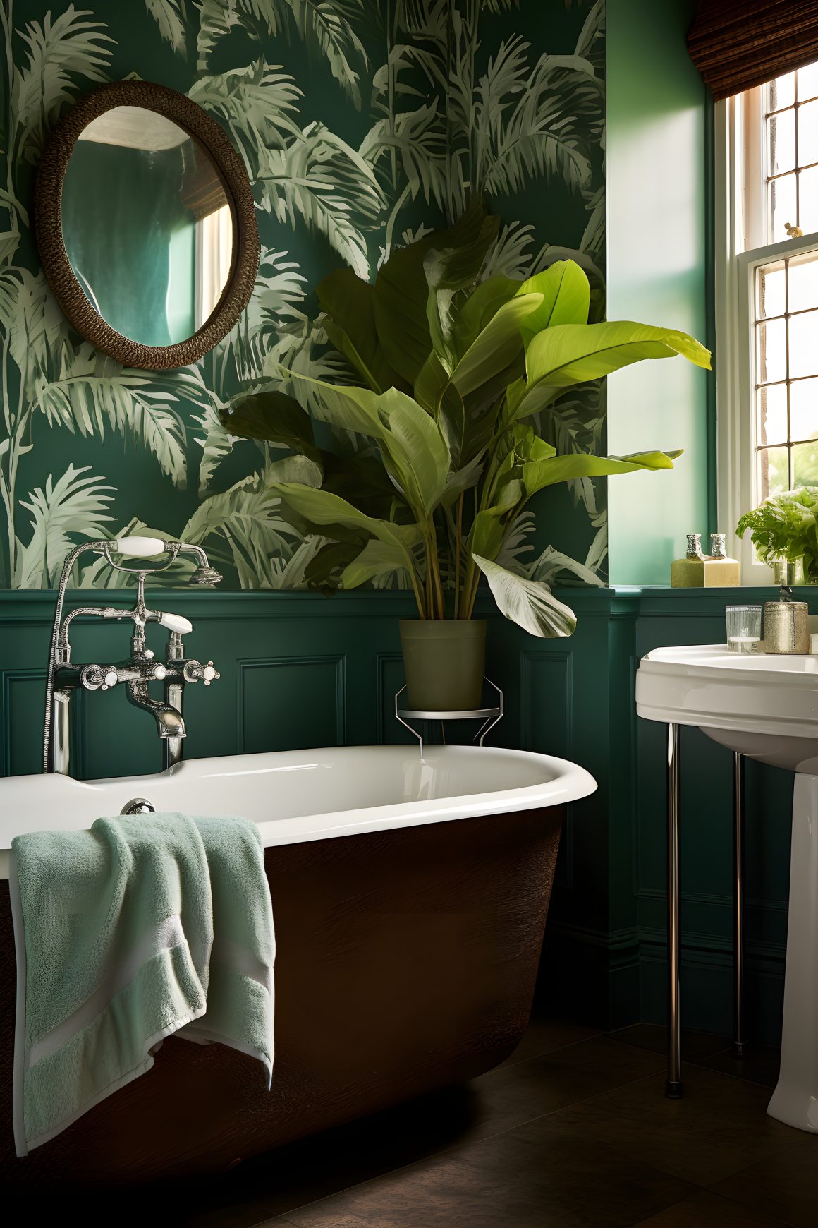 salle de bain avec décoration tropicale, baignoire, et papier peint vert.