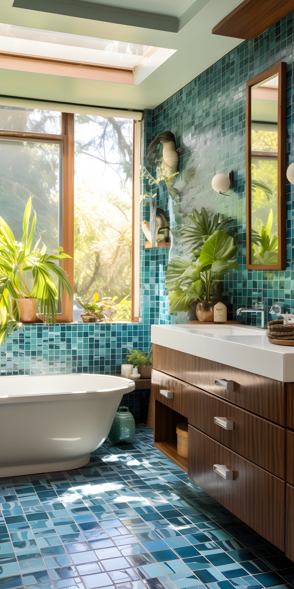 une salle de bain carrelée en bleu avec une grande fenêtre, des plantes vertes, et une baignoire blanche, créant une ambiance lumineuse et naturelle