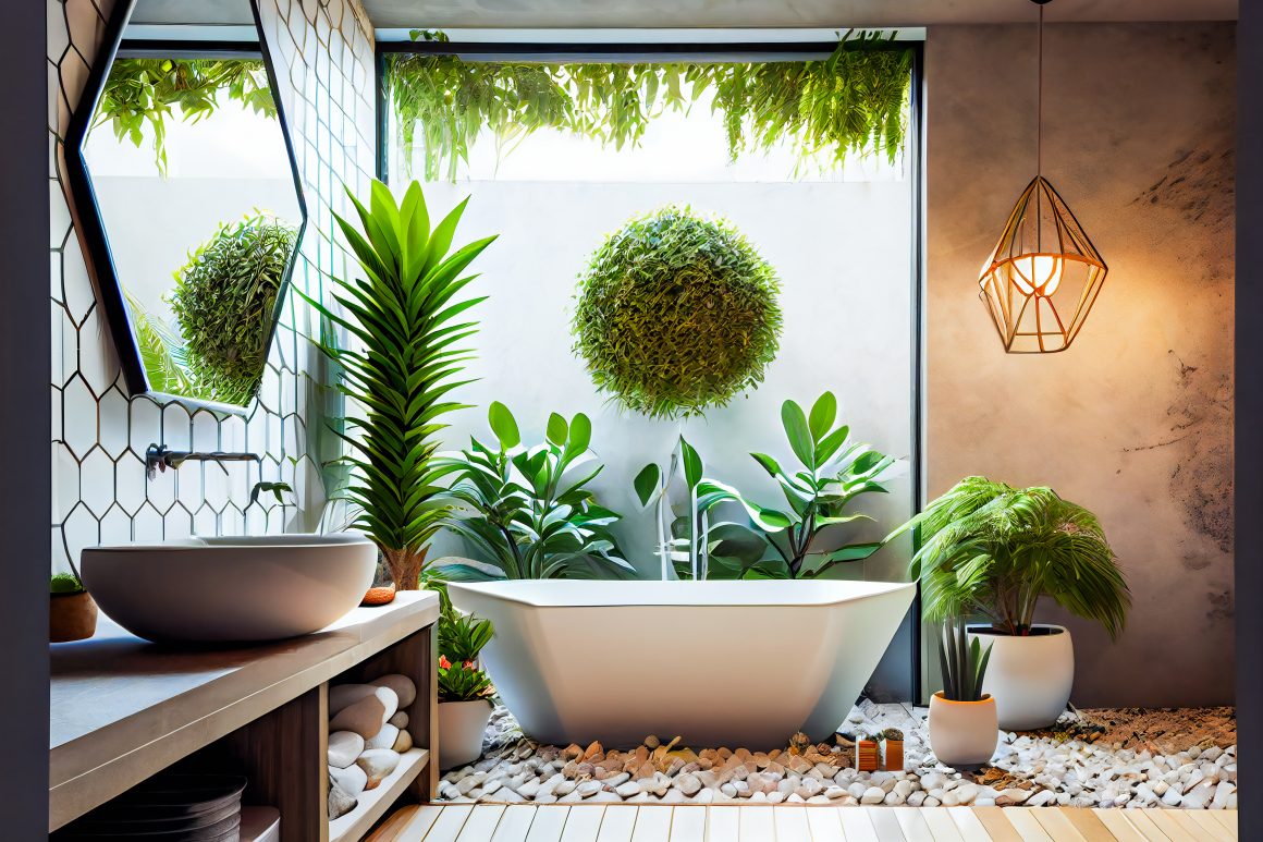 baignoire blanche entourée de plantes et décor moderne