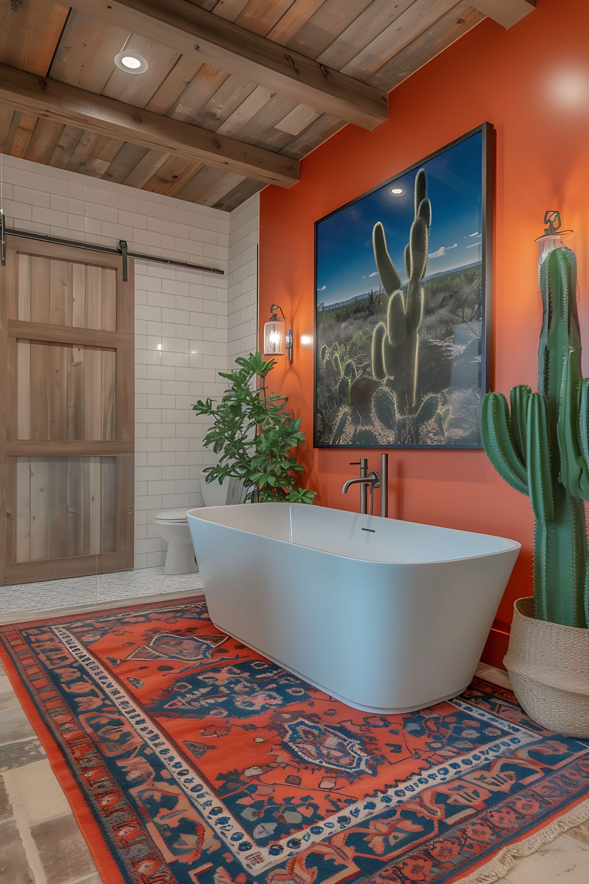 une salle de bains exotique avec une baignoire blanche sur un tapis rouge vibrant, des plantes vertes et un mur orange décoré d'une image de cactus