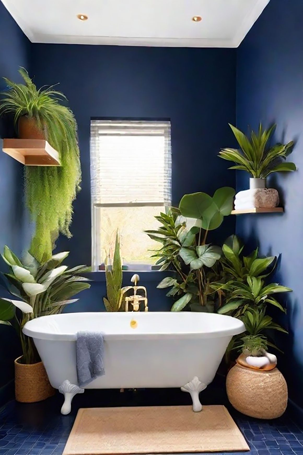 baignoire blanche avec murs bleu marine et plantes luxuriantes