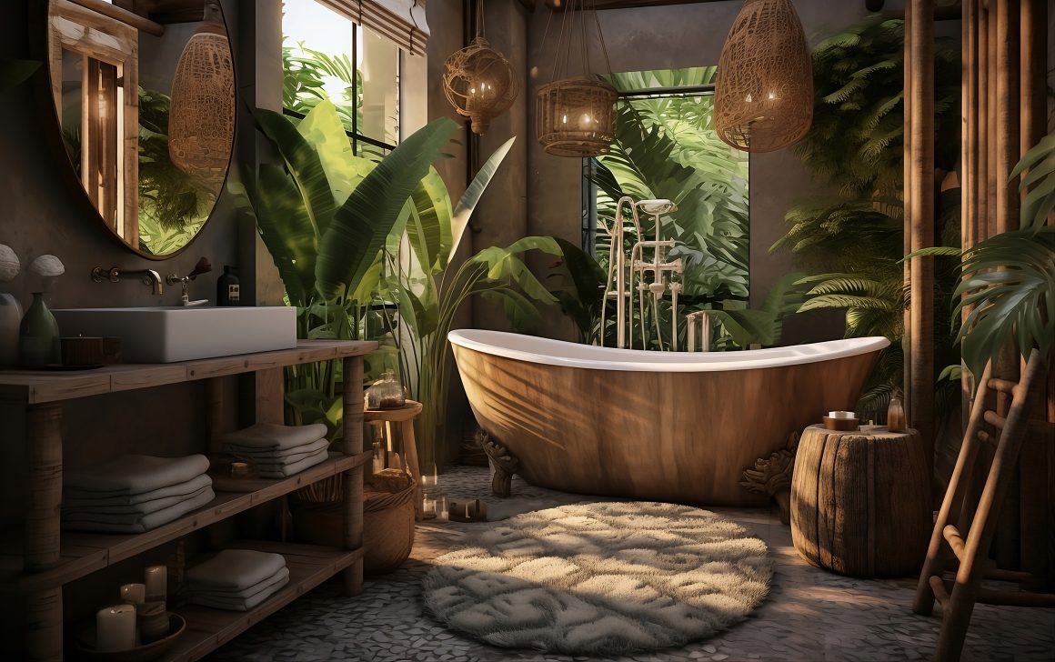 baignoire en bois entourée de plantes tropicales et de lumière naturelle