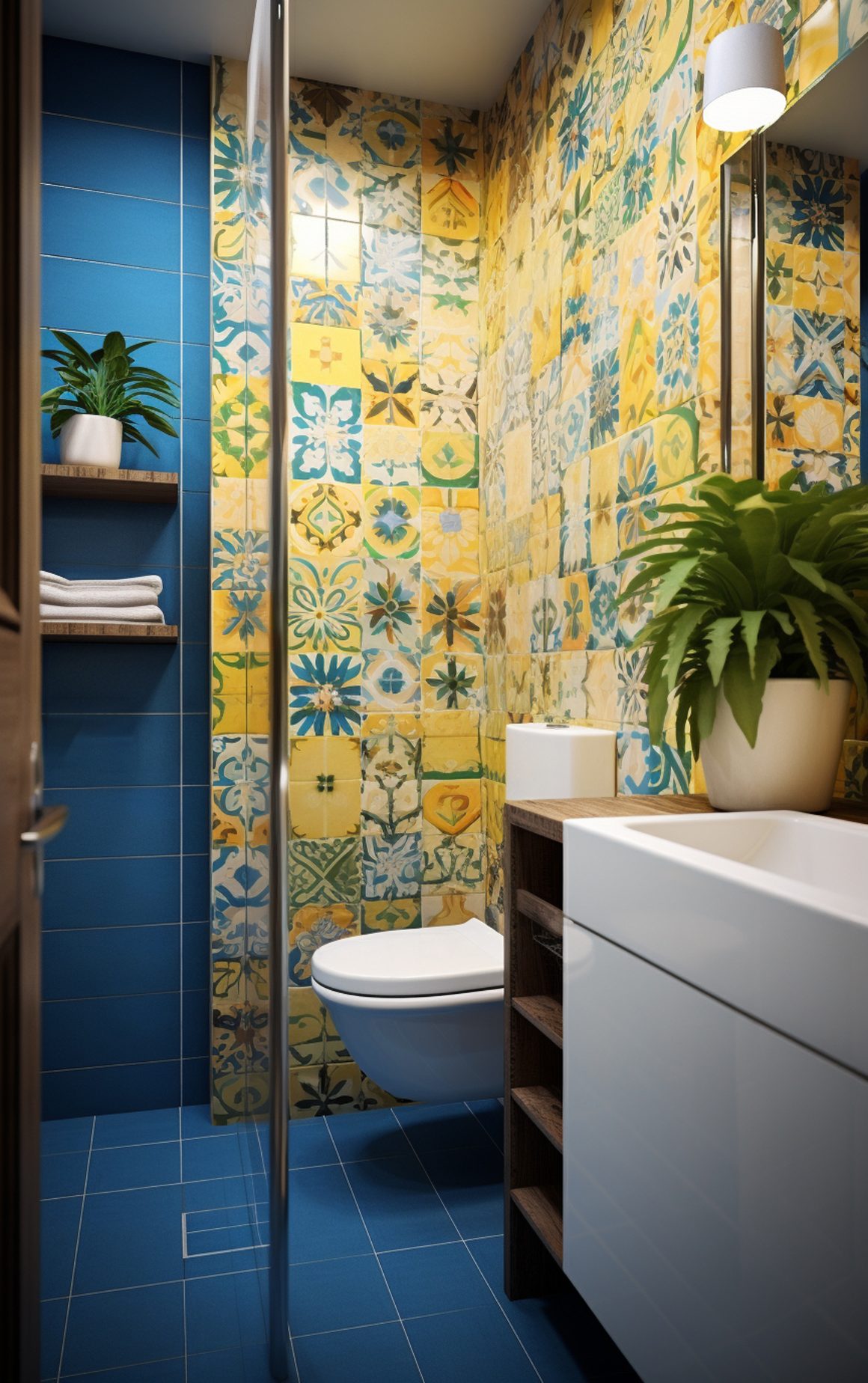 salle de bains exotique avec carreaux jaune et bleu avec plantes et accents modernes