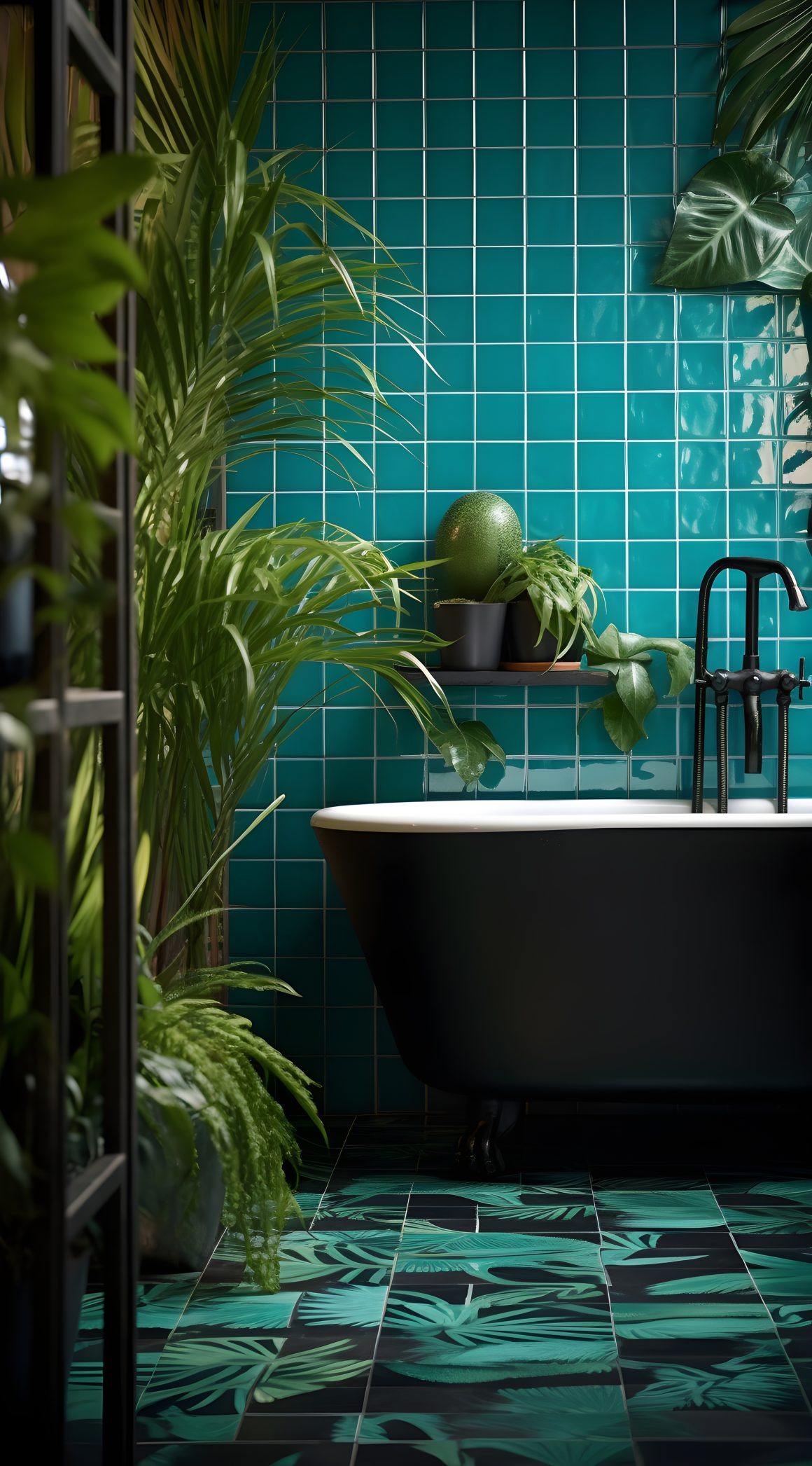salle de bains exotique avec une baignoire noire, carrelage turquoise et des plantes tropicales