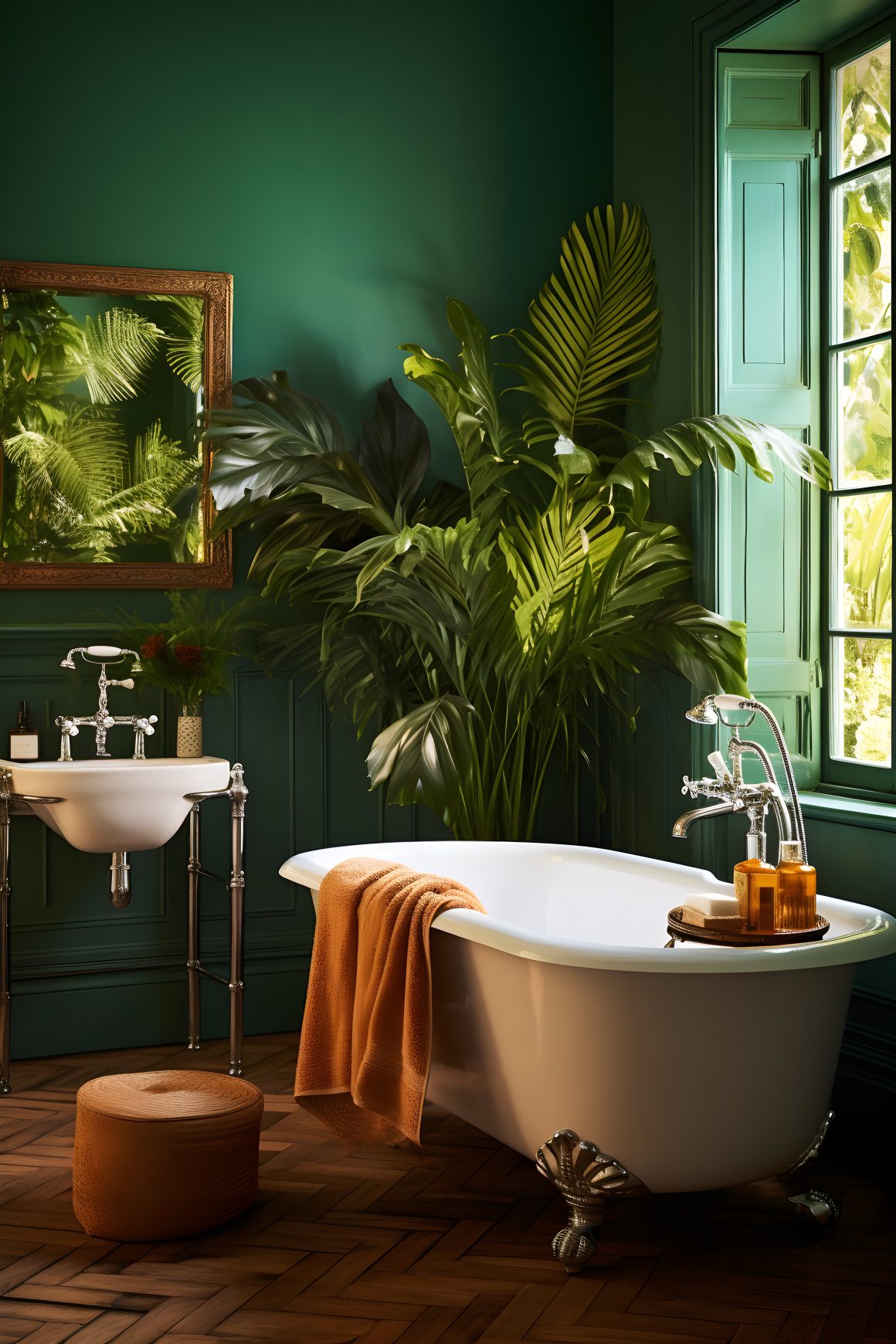 baignoire sur pieds avec des plantes tropicales luxuriantes et des accents verts et dorés