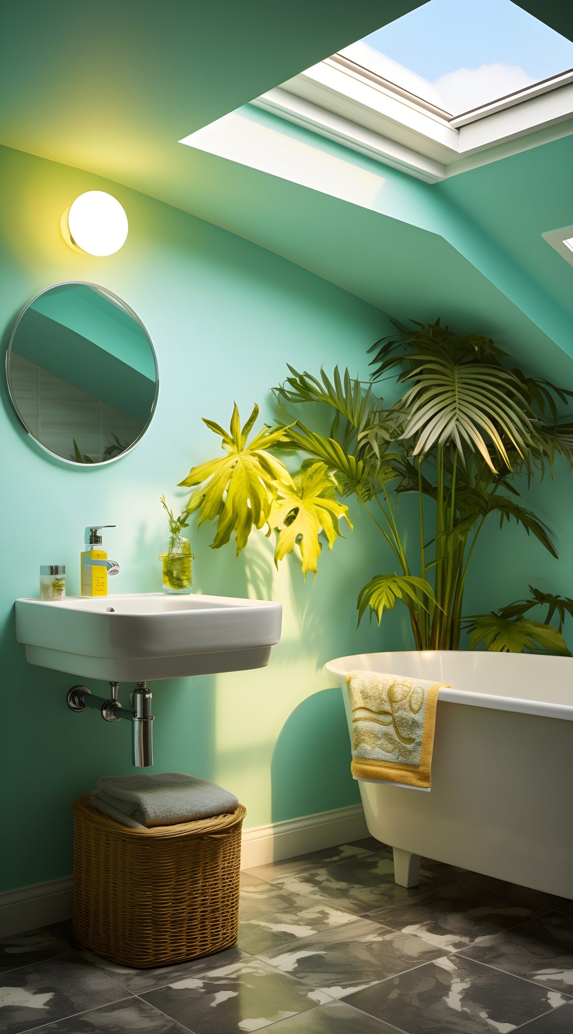 une salle de bain avec un lavabo suspendu, un miroir rond, une baignoire et des plantes luxuriantes sous un puits de lumièr