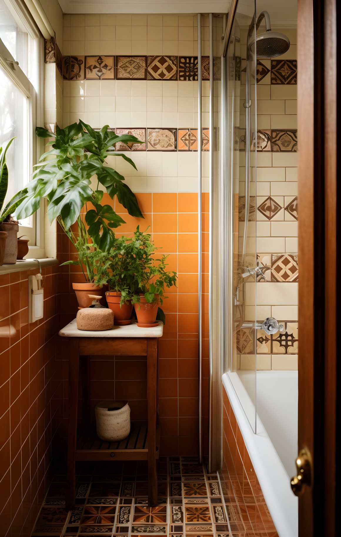 salle de bain tropicale avec plantes vertes et carreaux ethniques
