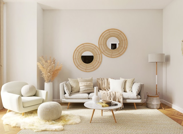 Salon beige moderne avec canapé, fauteuil, table basse et miroirs.