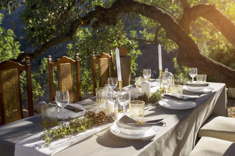 une table élégante dressée pour un repas en plein air sous un arbre, avec des assiettes blanches, des verres et des bougies