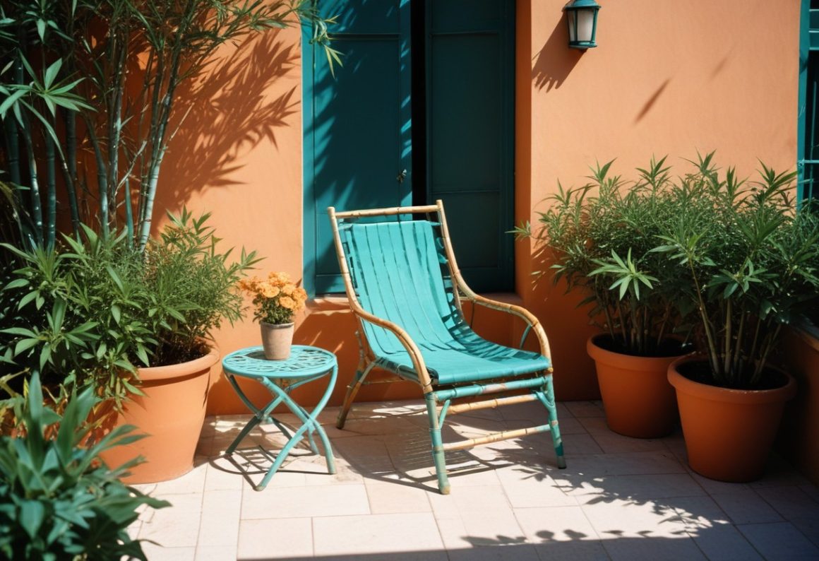 terrasse avec des plantes à coté d'une petite table et une chaise en bambou 