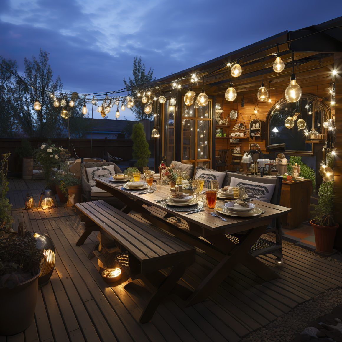 terrasse festive illuminée avec des guirlandes et lanternes pour une ambiance chaleureuse