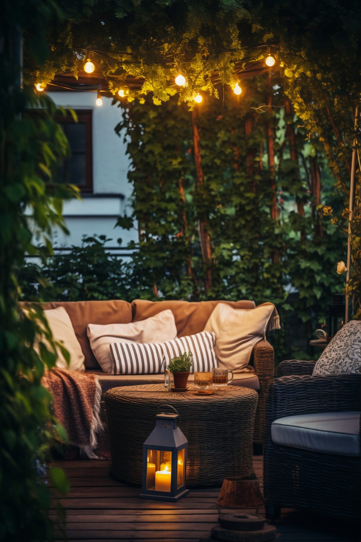 un coin salon extérieur au crépuscule, agrémenté d’une décoration tropicale avec des guirlandes lumineuses, une végétation luxuriante et un mobilier confortable.